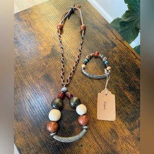 LuckyLu Beaded Silver Tone Bead Brown Blue Nomad Necklace & Bracelet Set